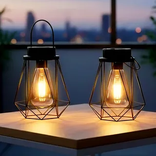 Spetebo Solar Laterne schwarz 18 x 15 cm zum Hängen oder Stellen - 2er Set - Industrial Design Dekoleuchte mit LED Glühbirne warm weiß - Garten Deko Hänge Lampe Solarlampe Gartenleuchte Solarleuchte