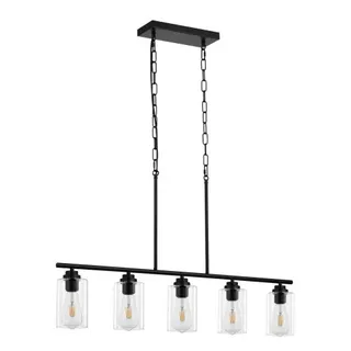 5-flammige Pendelleuchte Für Kücheninseln, 60 W, Verstellbare Esszimmerleuchte Mit Klarem Glaslampenschirm, 4 Stangen, 2 Metallketten, Linearer Kronleuchter Im Landhausstil