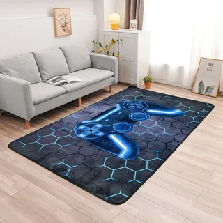 NTBED Spielkonsolen-Teppich für Schlafzimmer, Sofa, Spielzimmer, Gaming, geometrischer Nachttisch, Gamer, dekorative Bodenmatte, Teppich (1,2 x 1,8 m, blau)