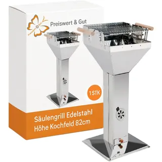 Säulengrill Holzkohle 82 cm Höhe – Holzkohlegrill Edelstahl mit verstellbarem Verchromtem Grillrost 36,5x36,5 cm Standgrill verwendbar als Feuerschale Kohlegrill