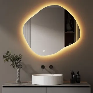Hopibath Badezimmerspiegel Led Badspiegel, Asymmetrisch, Touch-Schalter, Dimmbar, 3 Lichtfarbe Einstellbare Spiegel Bad mit Beleuchtung, Organischer Wandspiegel, 64x74 cm