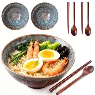 Umllpet Ramen Schüssel Set, 2er Ramenschüssel aus Keramik, 1200ml Ramenschussel Set mit Essstäbchen und Löffeln, Bowl Schüssel Suppenschüssel Groß für Ramen Suppe Pasta Obstsalat (Pfauenschwanz)