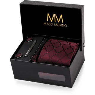 MASSI MORINO Krawatte Weinrot Quadrat mit Einstecktuch Set Herren inkl. Manschettenknöpfe, Krawattennadel und Geschenkbox - Männer Krawattenset - Einheitsgröße