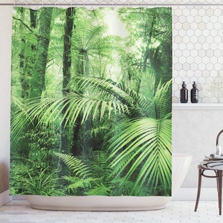ABAKUHAUS Regenwald Duschvorhang, Palmen exotische Pflanzen, Stoffliches Gewebe Badezimmerdekorationsset mit Haken, 175 x 200 cm, Grün
