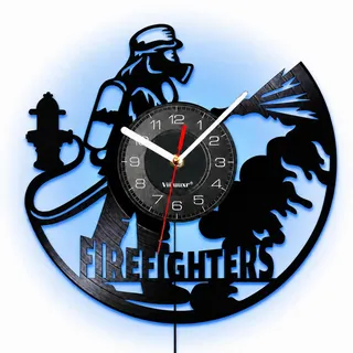 Viiluuxr Ausgefallene LED-Feuerwehr-Wanduhr 30 cm, leise Vinyl-Uhr, schwarz