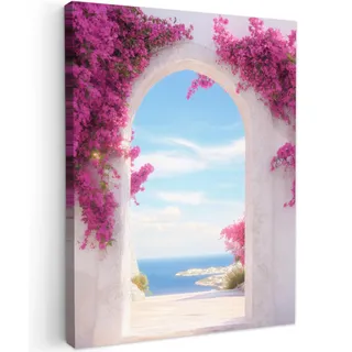 OnlyWow© Gartenbild 70x100 cm Outdoor Leinwand Terrasse Decoration Wanddeko Gartendeko Wetterfest Geschenk Wanddekoration Draußen Meer - Rosa - Blumen - Tor