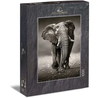 Ulmer Puzzleschmiede - Puzzle „Der Wanderer“– Klassisches 1000 Teile Puzzle – Puzzlemotiv eines imposanten, herannahenden Elefanten als schwarz-weiß-Fotografie