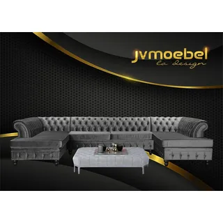 Set Luxury Modern Ecksofa U-Form Chesterfield und Couchtisch Wohnzimmer Textil