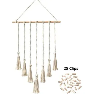 Makramee-fotowandhalterung, Wand-fotoorganizer, Boho-deko Mit 25 Holzclips, Beige
