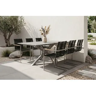 OUTFLEXX Garten-Essgruppe, silber/schwarz, Edelstahl/Granit/Rope, 200x100 cm, 6 Freischwinger, Armlehnen aus Teak