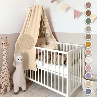 lilimaus Betthimmel Babybett mit Gold Applikation in 12 Farben [inkl. Himmelstange] - Himmel Babybett aus 100% Baumwolle Musselin für Mädchen & Jungen - Himmelbett mit Stange - Kinder Babyzimmer Deko