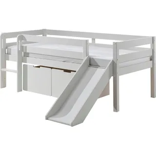 Vipack Hochbett Pino mit Rutsche 90 x 200 cm inkl. Rollrost und Rollboxen Kiefer massiv weiß