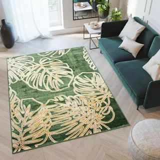 TAPISO Turmalin Teppich Kurzflor Grün Flaschengrün Gold Große Blätter Wohnzimmer Schlafzimmer Büro Modern Design ÖKOTEX 120 x 170 cm