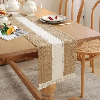 Makramee Tischläufer Beige mit Quasten 30x183 cm Boho Häkelspitze für Deko Hochzeit Party Esstisch - Beige