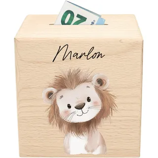 Spardose für Kinder Löwe personalisiert Safari Tiere Sparbox aus Holz Sparschwein mit Schlüssel Taufgeschenk für Jungen & Mädchen Holzspardose