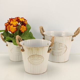 Online-Fuchs Blumentopf 3 runde Blumentöpfe aus Metall im Vintage Look - Pflanzkasten (3er Set), Blumenkasten, Zink weiß