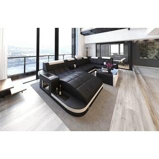 Sofa Dreams Wohnlandschaft Leder Ledercouch Sofa Wave U Form Ledersofa, Couch, mit LED, wahlweise mit Bettfunktion als Schlafsofa, Designersofa schwarz|weiß