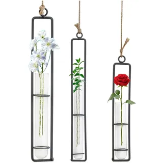 Vastsea 3 Stück Glasvase Aus Schmiedeeisen, Flasche Reagenzglas für Blumen, Hängende Metall Luftpflanzen Halter, Metalleisen Kreativ Wandbehang Pflanzen Glasvasen für Heimtextilien (Schwarz)