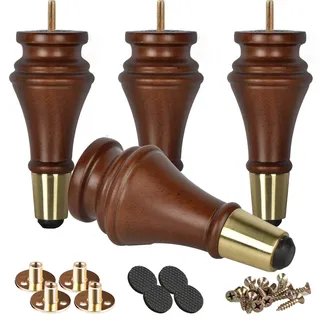 Btowin 18cm Holz Möbelfüße, 4 Stück Walnuss Spindel Massivholz Tischbeine Kugelfüße mit Gold Messing Abdeckung & M8 Bolzen & Montageplatten & Schrauben für Sofa Schrank TV-Ständer Ottomane Couch
