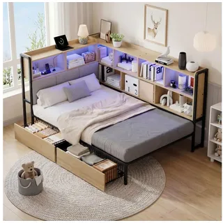 Odikalo Polsterbett Bett 90/140×200 mit LED, USB&Typec und 2 Schubladen (Tagesbett, Jugendbett Lattenrost aus Metall, Kopfteil mit Stauraum)