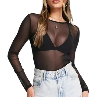 TUONYIS Damen Sexy Netzoberteil Damen Mesh Oberteile Transparent Netz Oberteil Sexy Schwarz Mesh Sheer Oberteile T-Shirt Durchsichtig Bluse Tunika Casual Clubwear Party Tops Einheitsgröße - Einheitsgröße