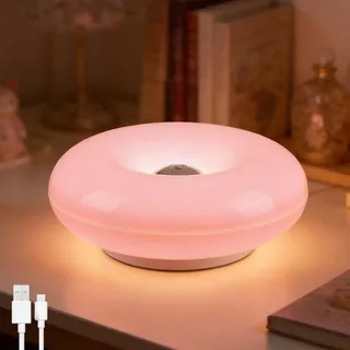 Donut Lampe Orange Akku LED Donut Tischlampe Kabellos Touch Dimmbar Tischleuchte USB Aufladbar 2000mAh Batteriebetriebene Nachttischlampe Moderne Rund Deko Lampe für Schlafzimmer Esszimmer,Rosa