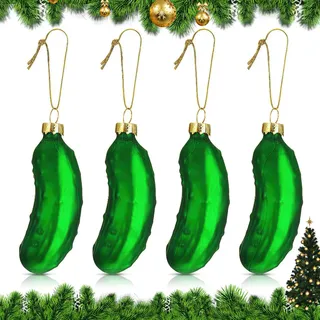 Hejo 4 Stück Weihnachtsgurke Christbaumschmuck, Kleine Gurke Weihnachtsschmuck aus Glas, Mehrweg Baumschmuck Christbaum Weihnachtskugel Gurken, Christmas Ornament für Weihnachtsdeko Eventdeko (Grün)