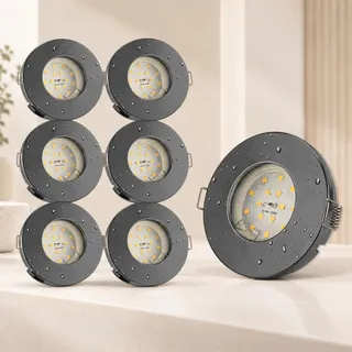 Trango 6er Set IP65 BAD Einbaustrahler 6729IP65-061-5WAK Anthrazit matt inkl. 6x 5 Watt GU10 LED Leuchtmittel 3000K warmweiß & Fassung Außen Einbauleuchte, Badleuchte, Deckenspot Dusche Deckenstrahler