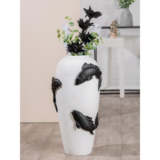 Casablanca modernes Design Casablanca Deko Vase groß Bodenvase - Vase XXL mit Koi Fischmotiv - Blumenvase aus Kunstharz - Dekoration Wohnzimmer Farbe: Weiß Schwarz Höhe 73 cm