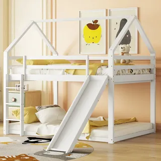 Etagenbett Hausbett Aus Kiefernholz Und Mdf, Weiß, 140x200 Cm, Mit Rutsche, Leiter Und Lattenrost