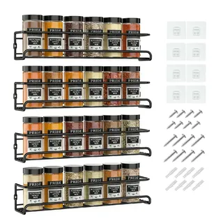 LIIGOU Gewürzregal Wandmontage 4er Set, Edelstahl Gewürzregal für Küche | Platzsparendes Gewürzregal, das ohne Bohren oder mit Schrauben befestigt werden kann