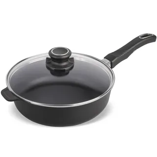 Set Original Gundel GUSS-Hochrandpfanne, Ø 24 cm, Höhe 7,5 cm, Gusspfanne mit Glasdeckel schadstofffrei, abnehmbarer Designer-Stiel