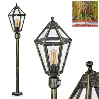 Wegeleuchte Falfosa, Wegelampe mit Bewegungsmelder aus Metall/Glas in Schwarz/Gold/Klar, Leuchte im Vintage/Antik/Landhaus-Design für Außenbereich/Garten/Hof, 120,5 cm, E27, ohne Leuchtmittel, IP44