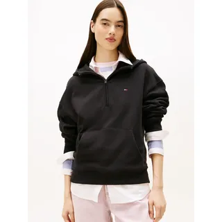 Kapuzensweatshirt TOMMY JEANS "TJW BXY S-FLAG 1/4 ZIP HOODIE", Damen, Gr. M (38), schwarz, Sweatware, Obermaterial: 100% Baumwolle, unifarben, regular fit, Rippbündchen, Sweatshirts
