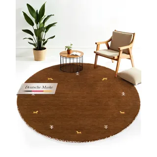 carpetfine Wollteppich Gabbeh Uni Rund Braun Ø 120 | Moderner Teppich für Wohn- und Schlafzimmer