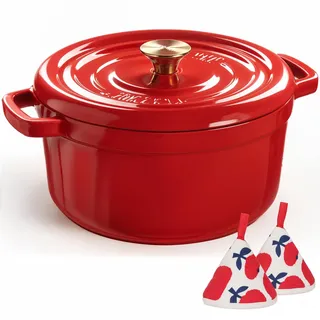 Overmont Bräter Emailliert Gusseisen Topf - Dutch Oven 26cm backofengeeignet mit Deckel und Kochbuch - für Braten Küche Backen Schmoren Rot
