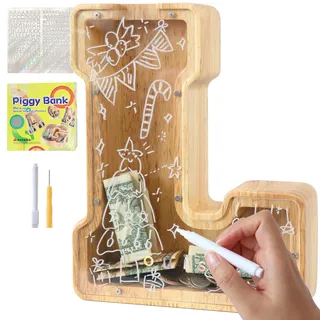 Lakpopya Spardose Kinder Jungen, Personalisiert Holz A-Z Sparschwein | Durchsichtig Buchstabe A-Z Sparbüchse für Kinder Mädchen Erwachsene mit Aufklebern und Filzstift, Taufe Geschenk Dekoration