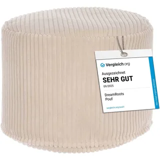 DreamRoots Runder Cord Pouf Hocker 380 g/m2 als Bequemer Bodenstuhl und Vielseitiges Sitzkissen Boden für Wohnzimmer Schlafzimmer oder Homeoffice 35x35x25 cm Vanilla Ice