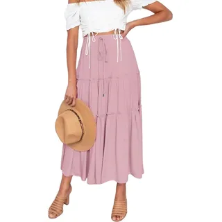NOGRAX Langer Damenrock, Chiffon, Plissee-Rock, großer Saum, hohe Taille, elastisch, A – Word Rock, Swing, Strand, Vintage, langes Kleid, Farbe: Rosa., M - M