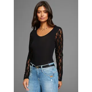Langarmbody LAURA SCOTT, Damen, Gr. 40, N-Gr, schwarz, Jersey, Obermaterial: 95% Viskose, 5% Elasthan. Spitze: 95% Polyester, 5% Elasthan, geblümt, unifarben, sehr figurbetont, Rundhals, abgesteppte Kante, Bodys, mit edlen Spitzenärmeln