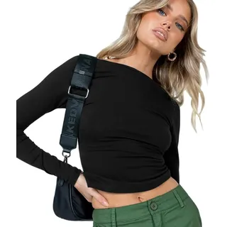 Damen Sexy Rückenfreies Oberteil Y2k Crop Tops Slim Fit Langarmshirt Langarm T-Shirt Cropped Tee Sommer Basic Shirt Einfarbig Bluse Aesthetic Clothes Outfit - S