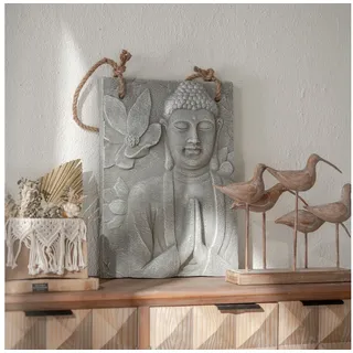 K&L Wall Art Wanddekoobjekt Buddha Wandskulptur Steinoptik asiatische Feng Shui Deko 3D Wandfigur (Buddha Wandbild), mit Seilaufhängung grau