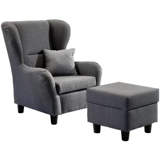 luma-home schönes für dein zuhause Ohrensessel 18001 Strukturstoff 90 x 98 x 76 cm Grau mit Hocker und Zierkissen