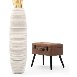 Leewadee Große Deko Bodenvase Für Dekozweige, Hohe Standvase Für Pampasgras, Design Holzvase, 110 cm, White Wash
