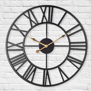LENAUQ Leise Metall-Skelett-Wanduhr, 47 cm, europäisches Bauernhaus-Vintage-Uhr mit römischen Ziffern, nicht tickend, batteriebetrieben, hängende Wanduhr für Zuhause, Küche, Hotel, Büro (schwarz)