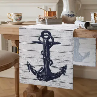 Tischläufer Grau Streifen Maritimes Nautische Thema 40 x 140 cm Tischläufer Anker Modern Bauernhaus Leinen Wohnzimmer Dekorativ Drinnen und Draußen für Esstisch Party Hochzeit