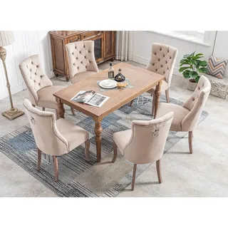 Aunvla 4-Fußstuhl, Stuhl Beige Samt Esszimmerstuhl,hohe Rückenlehne, mit Knopfsteppung, Gestell aus Massivholz, Beige(Set, 6 St)