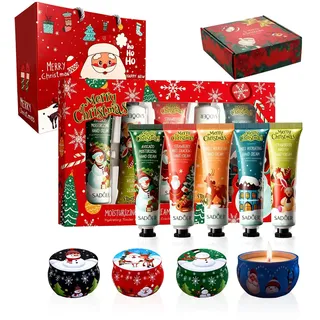 exatta Duftkerze Handcreme Geschenkset Set,Weihnachtsgeschenke | 4 Stück Duftkerzen Weihnachten + 5 Pack weihnachten hand creme,Duftkerzen Geschenkset,mini handcreme weihnachten