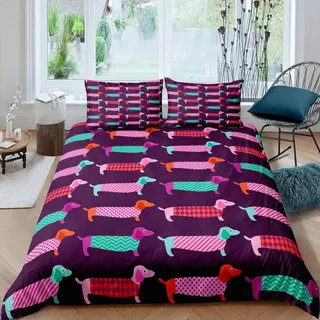 Loussiesd 3D Dackel Druck Bettwäsche Set Teckel Lila Bettbezug Set Jungen Mädchen135x200 cm Microfaser Betten Set mit Reißverschluss und 1 Kissenbezug 80x80 cm