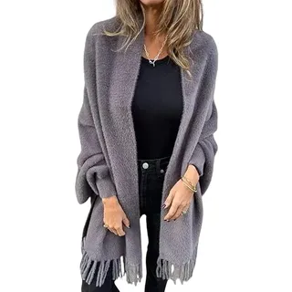 LIUYUYOUGO Stola Damen Festlich Poncho Strickjacke Für Damen Mittellanger Schal Wickelpullover Mantel Eleganter Flauschiger Strickumhang Fransenschal Mit Fledermausärmeln Weicher Warmer Flauschige - XL